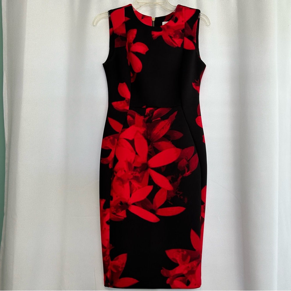 Calvin Klein Black and Red Floral Midi Dress